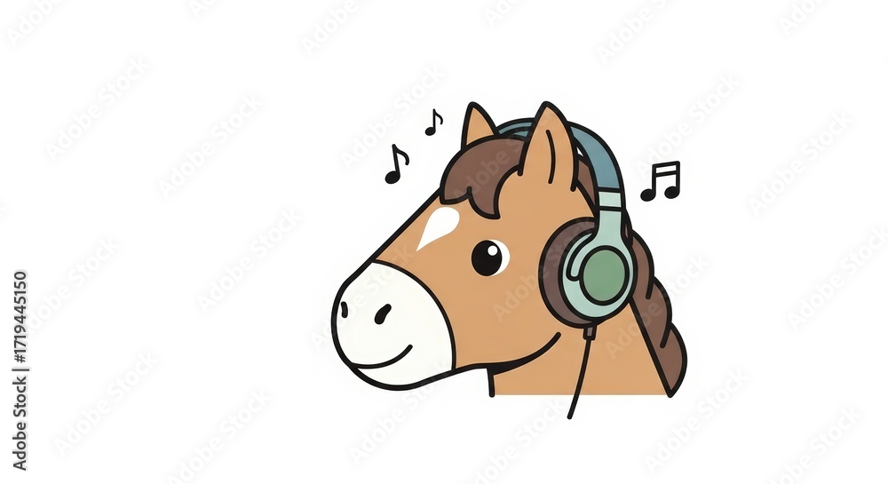 Obraz premium A cute cartoon horse wearing headphones and listening to music with musical notes floating around its head.