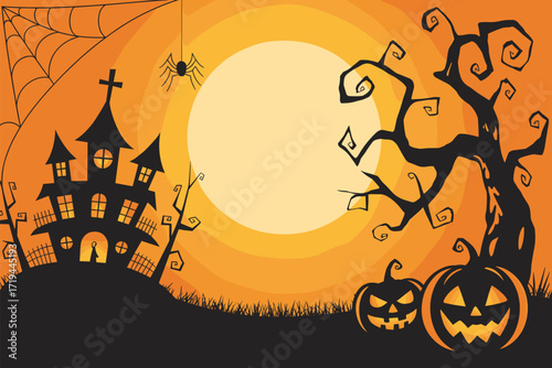 Halloween haunted house illustration, glowing moon spider web twisted tree jack-o'-lanterns spooky grass, eerie festive design, scary holiday vector clipart