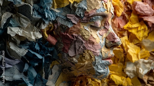 Creative expression through paper art showcasing a woman's profile with textured details and vibrant colors