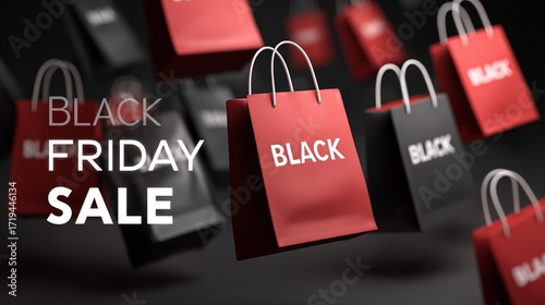 Exciting Black Friday sale with floating shopping bags in red and black colors promoting discounts