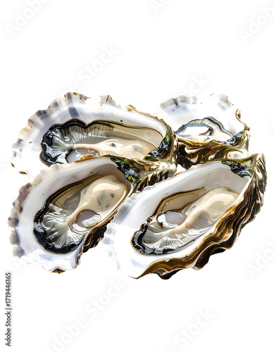 Three raw oysters on the half shell, glistening, showcasing their creamy interiors and rough, dark shell edges