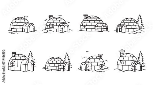 Collection of eight hand-drawn igloo outlines perfect for winter or arctic themed projects. silhouette