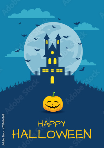 Spooky Halloween landscape with castle and pumpkin 