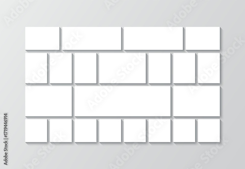 Photo collage square template. Portfolio images square layout. Photo collage mockup. Mood board background. Gallery banner. Mosaic moodboard picture frame. Vector illustration