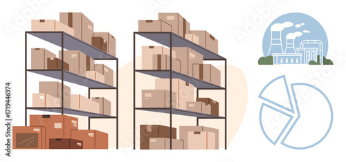 Stacked cardboard boxes on tall storage shelves alongside a factory illustration and a pie chart graphic. Ideal for logistics, inventory, supply chain, distribution, manufacturing, data analysis
