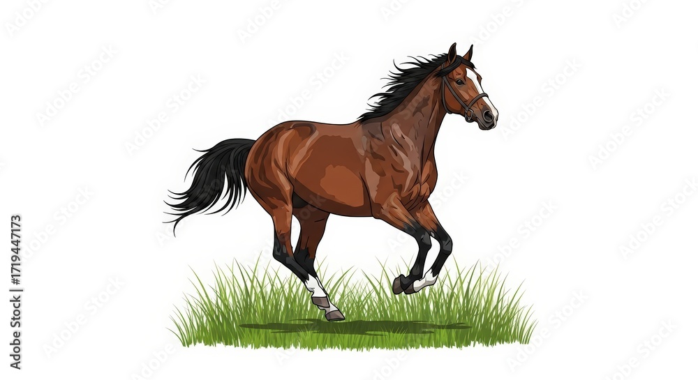 Obraz premium A majestic brown horse with a flowing mane gallops through lush green grass, captured in a dynamic illustration.