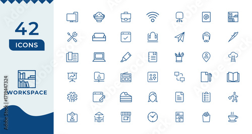 Office workspace thin web icon set, Contains icons related to Office work, worker, office items, equipment, tools, stationery and more.