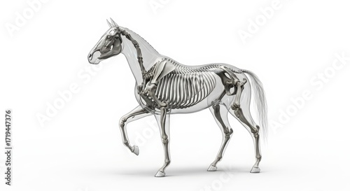 Anatomical illustration of a horse skeleton, showcasing its internal bone structure in a clear, transparent overlay.