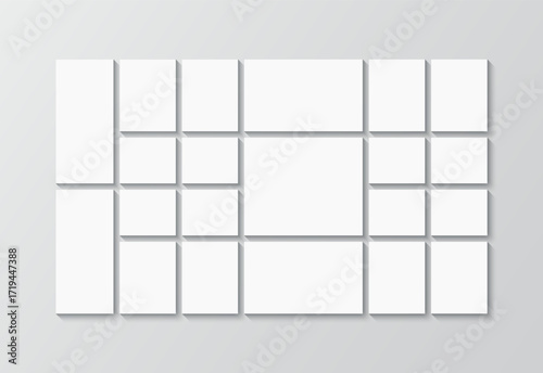 Scrapbook brandboard template. Photo collage square background. Album moodboard grid. Portfolio images mockup. Mood board layout. Gallery banner. Mosaic picture frame. Vector illustration