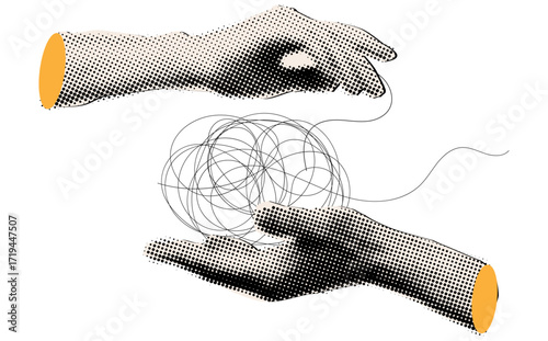 Halftone collage of a hand unraveling a messy knot,symbolizing problem-solving,clarity of thought,or streamlining complicated processes