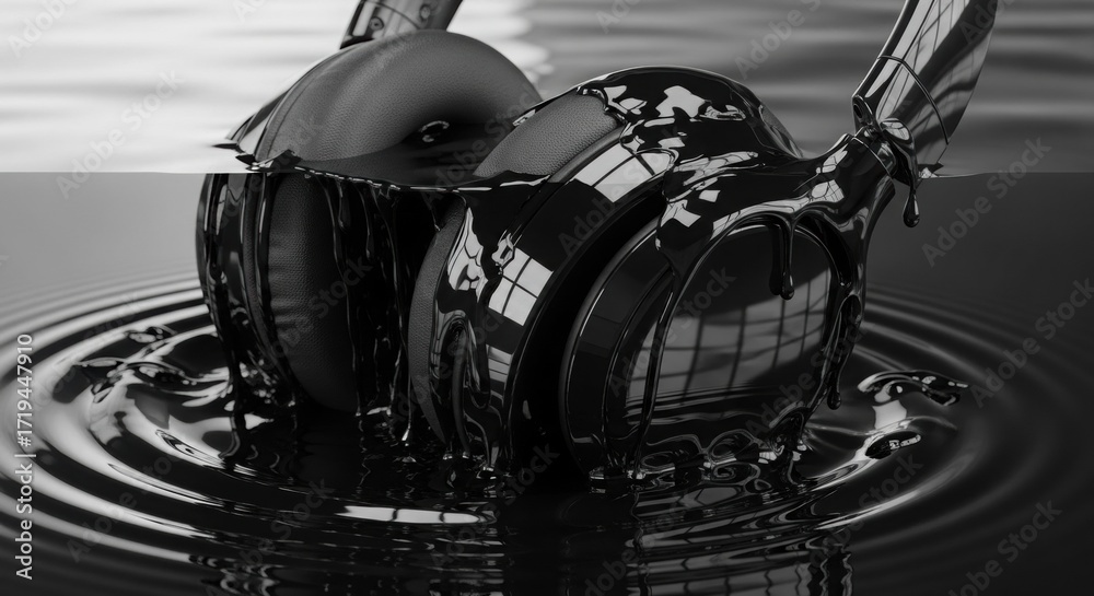 Obraz premium Black headphones dripping with liquid, modern music and sound concept