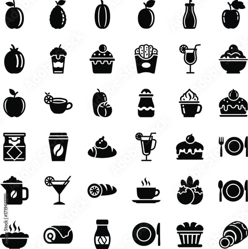 Collection of food and drink icons in silhouette style