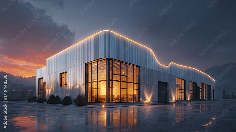 Obraz premium Modern steel warehouse office building with large glass windows glowing warmly at sunset, reflecting on wet pavement under dramatic cloudy sky