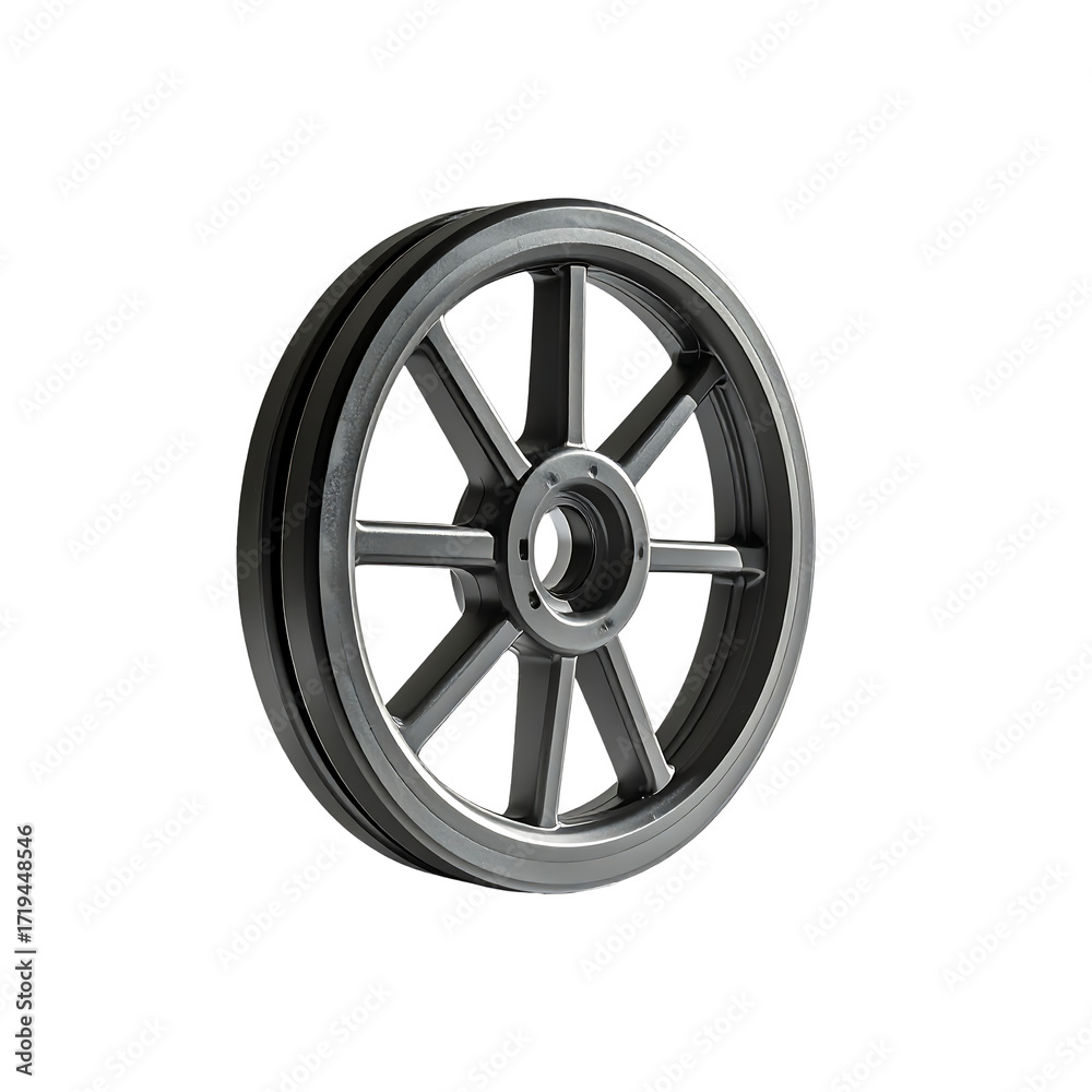 Obraz premium A grey, metallic wheel with eight spokes, a central hub, and a thick rim, rendered in 3D