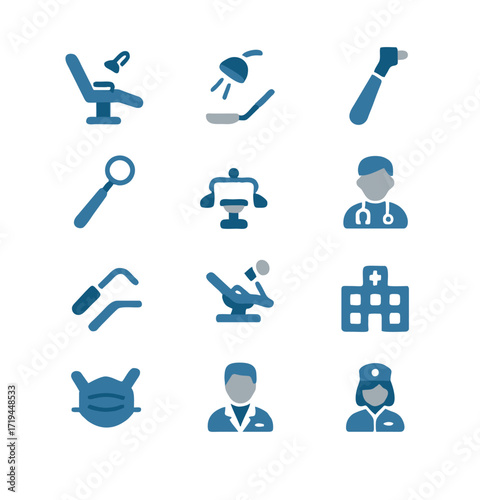 Flat vector doctor hospital icon set collection with stethoscope, patient, hospital building, medical cross, and examination symbols for healthcare and service.  
