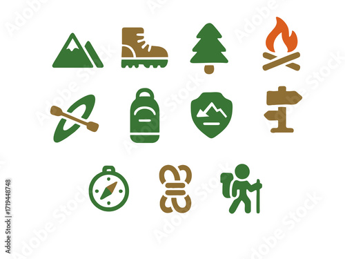 Flat vector hiking and camping icon set collection with boots, fire, trees, backpack, and compass for outdoor, travel, and adventure projects.  
