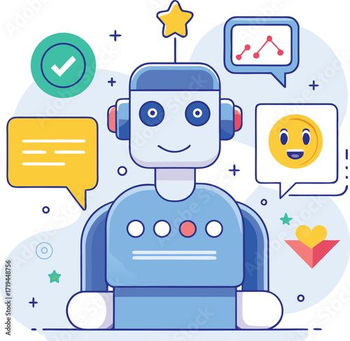 Artificial Intelligence Chatbot Collecting Customer Feedback – Flat Vector Illustration for Survey, Review, and User Experience Concept