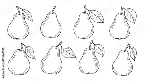 Sketch collection of ripe pears with leaves hand drawn outline style for harvest theme silhouette