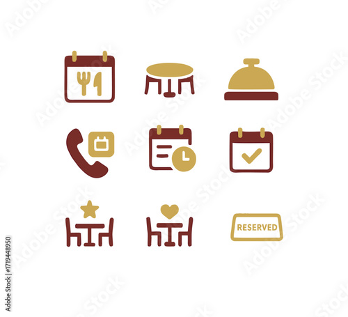 Flat vector restaurant reservation icon set collection with table, food, call, and booking symbols for hospitality, service, and dining projects.  

