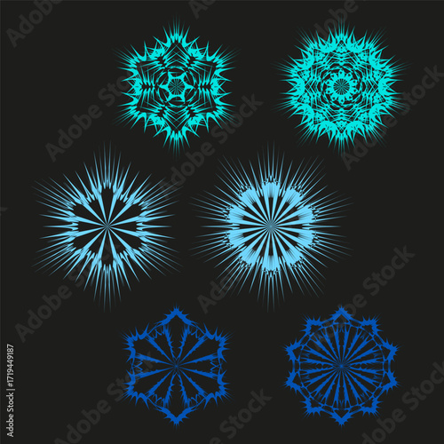 Abstract star shapes. Symmetrical glowing elements. Colorful light rays. Vector decorative ornaments.
