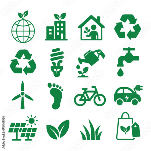Green sustainable living and eco friendly icons for environmental awareness and renewable energy 