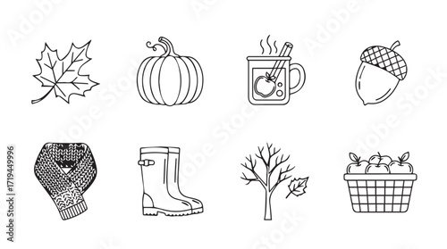 Hand drawn autumn fall elements collection cozy seasonal icons for harvest thanksgiving design silhouette