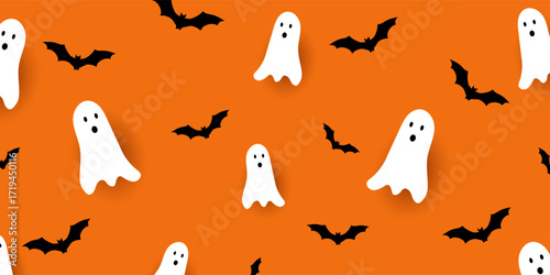 Halloween banner with bats and cute ghosts designs 