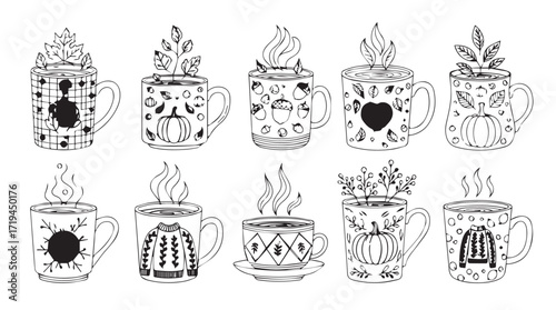 Collection of festive mugs with holiday drinks and decorations diverse designs for celebrations silhouette