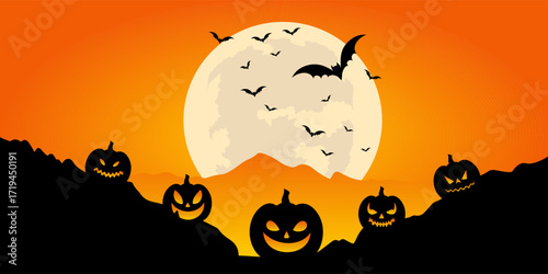 Halloween banner with moonlit landscape and Jack O Lanterns 