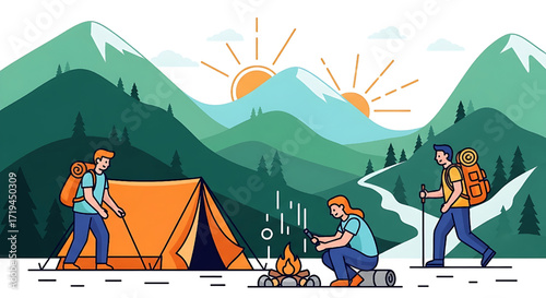 People Camping and Hiking in Mountains Vector Illustration Outdoor Adventure Scene