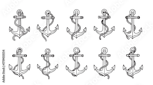 Collection of ten vintage nautical anchor designs with rope details hand drawn sketch style silhouette