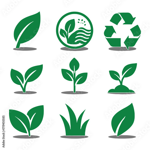 Set of green eco-friendly icons representing sustainability and nature leaves recycling water 