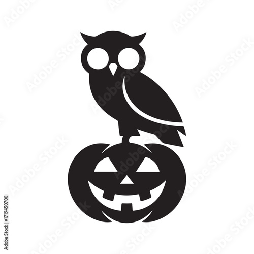 Spooky Owl Perched on a Grinning Jack-o'-Lantern Halloween Vector 