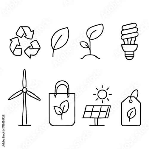 Sustainable living and eco-friendly icons set for environmental awareness and green initiatives 