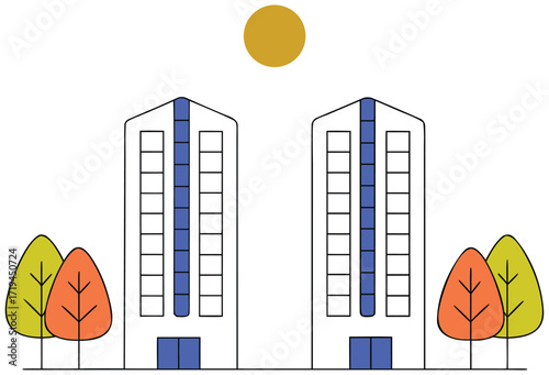 Minimal Flat Design Urban City Skyline with Tall Modern Buildings – Vector Illustration