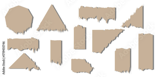 Blank old torn brown textured paper cardboard tags and corrugated carton boxes on a vintage grunge surface. blank space, ripped, piece, card, board, collection, rip