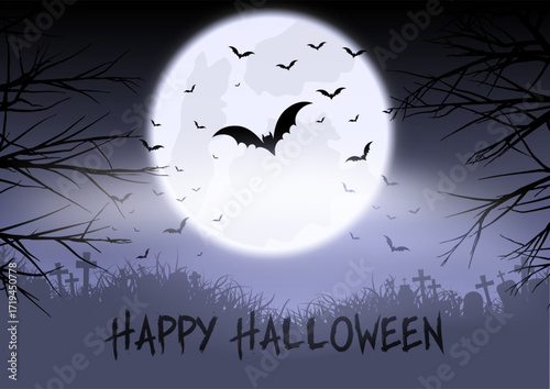 Happy Halloween background with bats flying in moonlit sky 