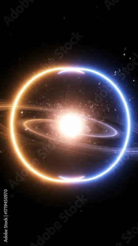 Two glowing crescent shapes, one orange and one blue, floating against a black starry background.