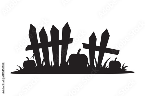 Spooky Broken Fence with Pumpkins in the Grass Halloween Vector