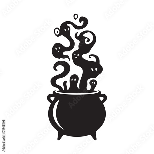 Spooky Ghosts and Ghouls Rising from a Witch's Cauldron Halloween Vector