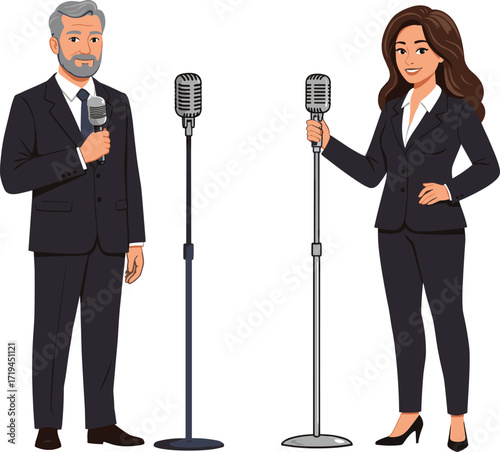 Man and woman with microphones, public speaking, formal attire, debate illustration, professional presentation, communication skills, stage performance, interview concept, white background