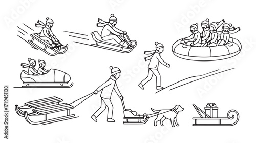 Diverse winter activities showing people enjoying sledding and tobogganing fun outdoors silhouette