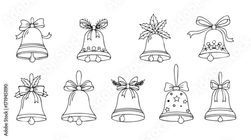 Collection of hand-drawn christmas bells with festive bows isolated on white silhouette