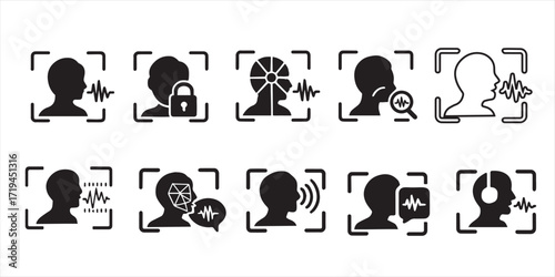 A set of silhouette Voice verification method in various technology system. A symbol of digital security system.