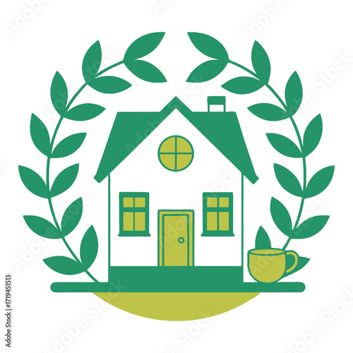 Sustainable living eco-friendly icons set green house nature laurel wreath healthy lifestyle elements 