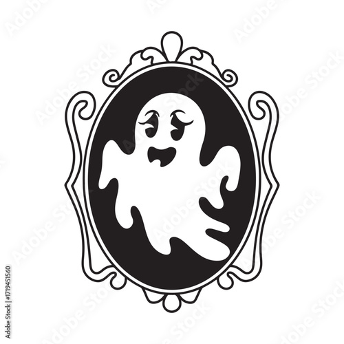 Spooky Ghost Frightened by Its Own Reflection in a Vintage Mirror Halloween Vector