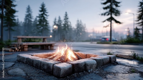 Stone Fire Pit Burning Brightly Outdoors at Night with Forest Backdrop and Cinematic Lighting