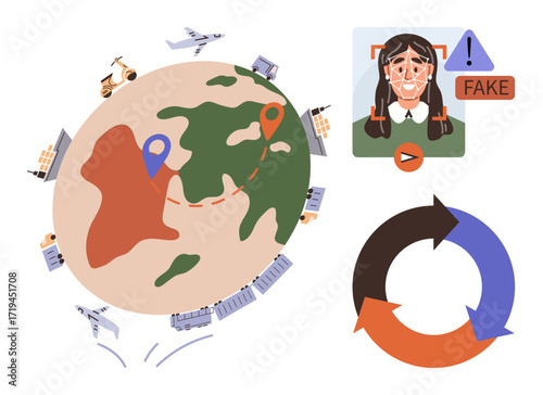 Earth with transportation modes, portrait flagged for fake face detection, and circular arrow recycling icon. Ideal for global mobility, AI ethics, misinformation, logistics, sustainability, ecology