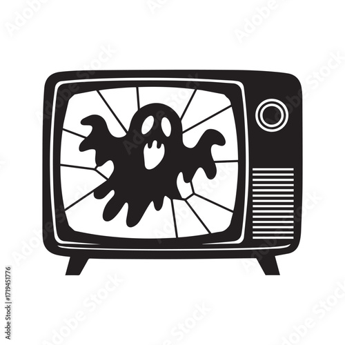 Spooky Ghost Breaking Through a Vintage Retro Television Screen Vector Silhouette