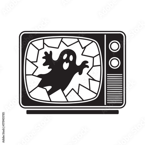 Spooky Ghost Breaking Through a Vintage Retro Television Screen Vector Silhouette